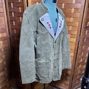 VTG Enzo Scapati Italian Suede Leather Trachten Jacket Embroidered Olive Green